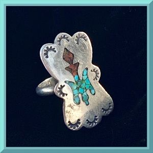 VERY OLD Native American Navajo Turquoise Coral Inlay Sterling Thunderbird Ring